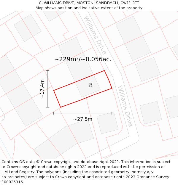 8, WILLIAMS DRIVE, MOSTON, SANDBACH, CW11 3ET: Plot and title map