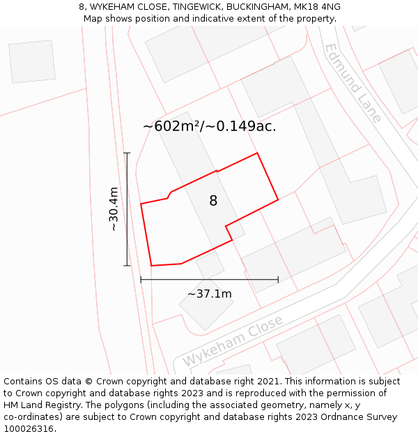 8, WYKEHAM CLOSE, TINGEWICK, BUCKINGHAM, MK18 4NG: Plot and title map