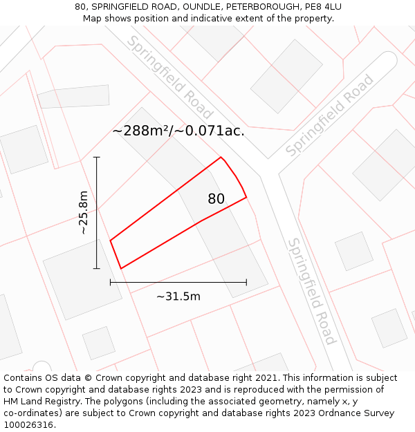 80, SPRINGFIELD ROAD, OUNDLE, PETERBOROUGH, PE8 4LU: Plot and title map