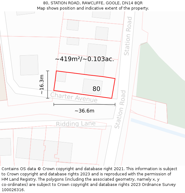 80, STATION ROAD, RAWCLIFFE, GOOLE, DN14 8QR: Plot and title map