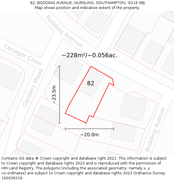 82, BODDING AVENUE, NURSLING, SOUTHAMPTON, SO16 0BJ: Plot and title map