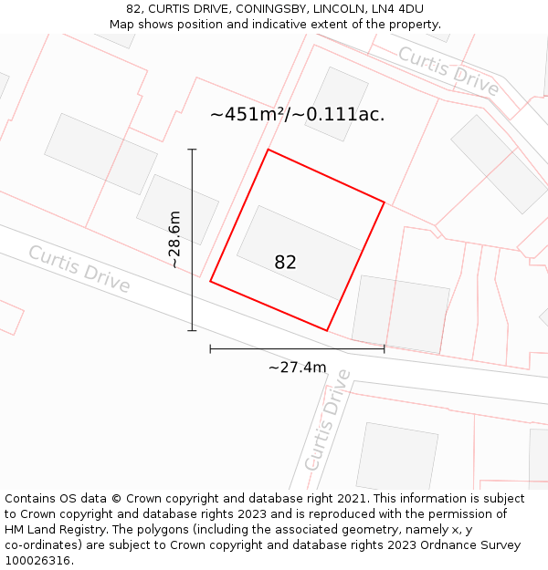 82, CURTIS DRIVE, CONINGSBY, LINCOLN, LN4 4DU: Plot and title map