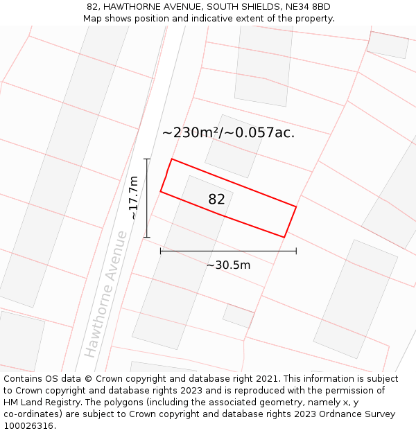 82, HAWTHORNE AVENUE, SOUTH SHIELDS, NE34 8BD: Plot and title map