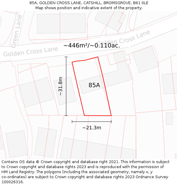 85A, GOLDEN CROSS LANE, CATSHILL, BROMSGROVE, B61 0LE: Plot and title map