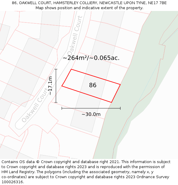 86, OAKWELL COURT, HAMSTERLEY COLLIERY, NEWCASTLE UPON TYNE, NE17 7BE: Plot and title map