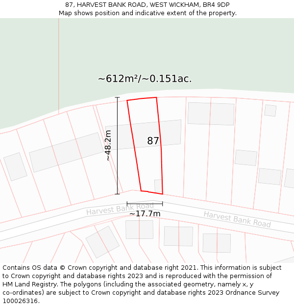 87, HARVEST BANK ROAD, WEST WICKHAM, BR4 9DP: Plot and title map