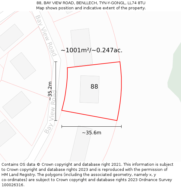 88, BAY VIEW ROAD, BENLLECH, TYN-Y-GONGL, LL74 8TU: Plot and title map