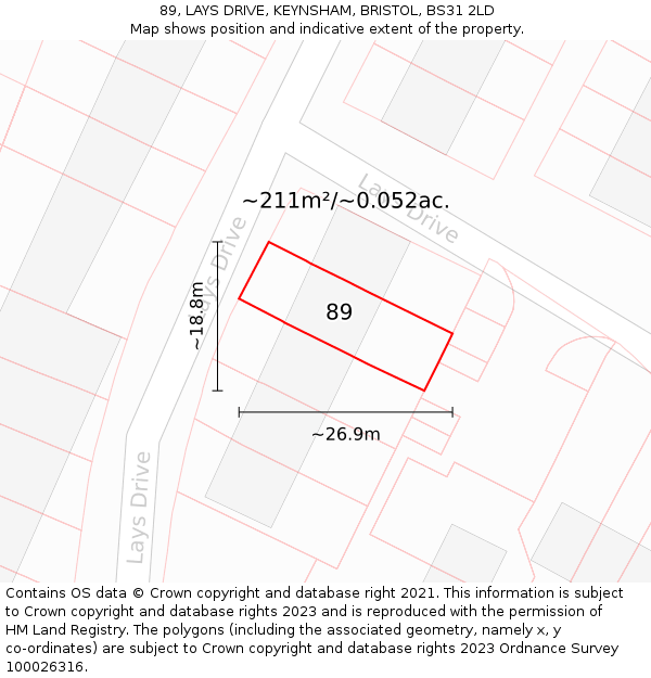 89, LAYS DRIVE, KEYNSHAM, BRISTOL, BS31 2LD: Plot and title map