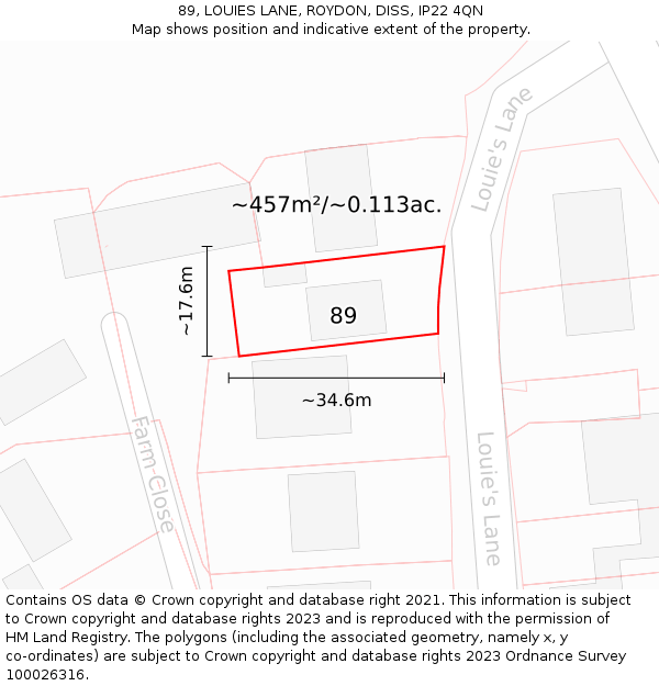 89, LOUIES LANE, ROYDON, DISS, IP22 4QN: Plot and title map