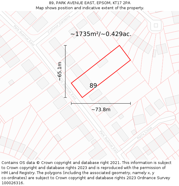 89, PARK AVENUE EAST, EPSOM, KT17 2PA: Plot and title map