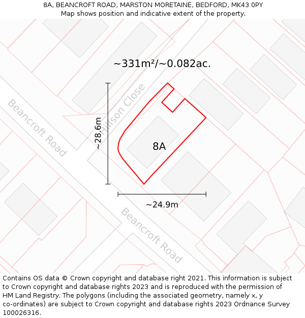 8A, BEANCROFT ROAD, MARSTON MORETAINE, BEDFORD, MK43 0PY: Plot and title map