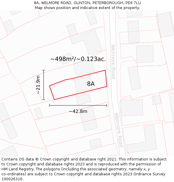 8A, WELMORE ROAD, GLINTON, PETERBOROUGH, PE6 7LU: Plot and title map