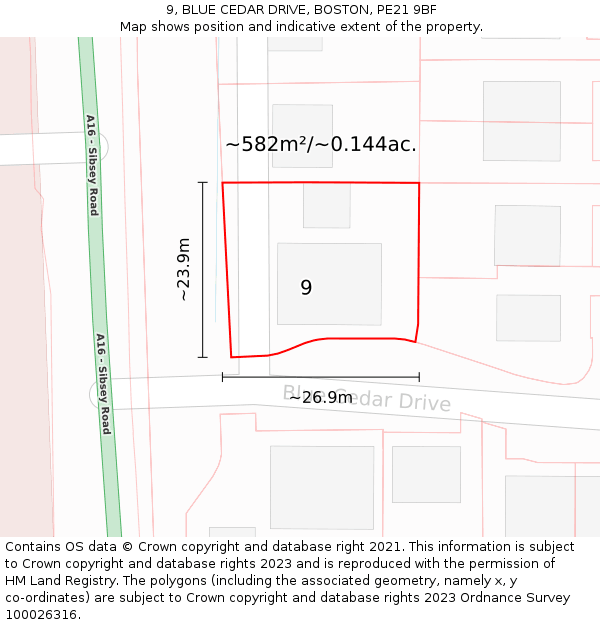 9, BLUE CEDAR DRIVE, BOSTON, PE21 9BF: Plot and title map