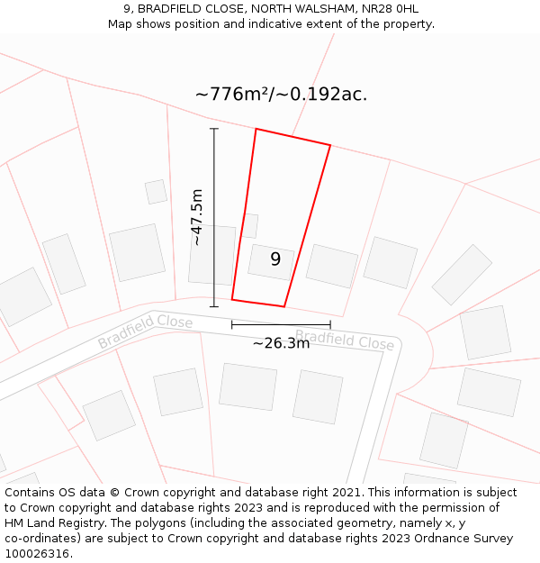 9, BRADFIELD CLOSE, NORTH WALSHAM, NR28 0HL: Plot and title map