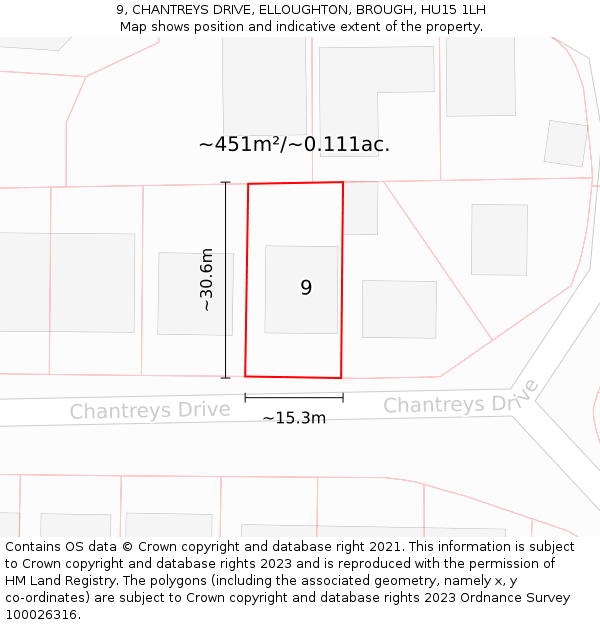 9, CHANTREYS DRIVE, ELLOUGHTON, BROUGH, HU15 1LH: Plot and title map