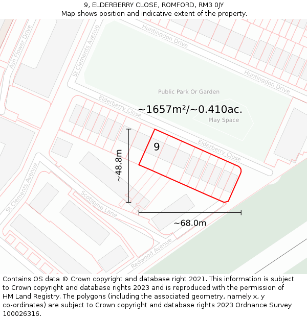 9, ELDERBERRY CLOSE, ROMFORD, RM3 0JY: Plot and title map