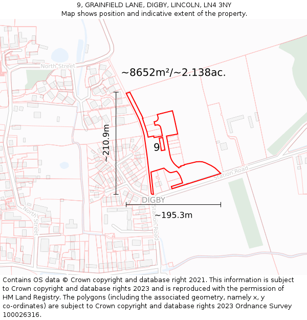 9, GRAINFIELD LANE, DIGBY, LINCOLN, LN4 3NY: Plot and title map