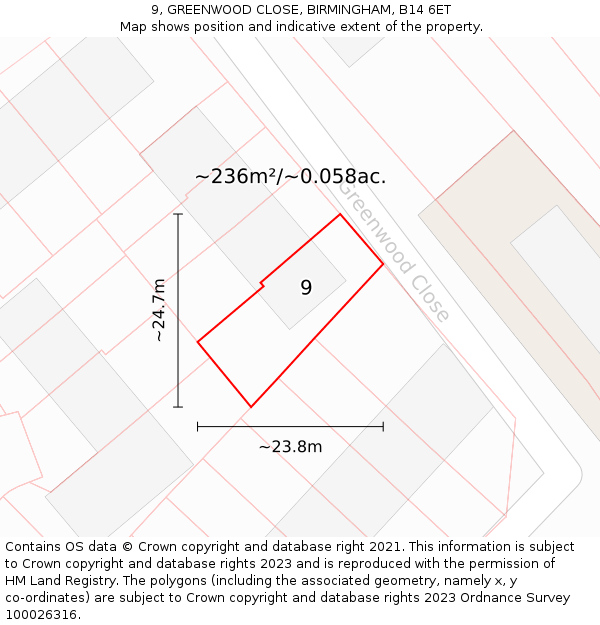 9, GREENWOOD CLOSE, BIRMINGHAM, B14 6ET: Plot and title map