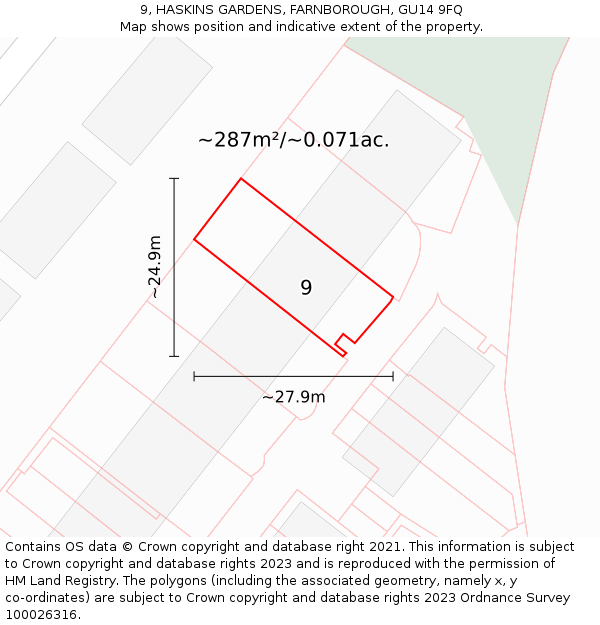 9, HASKINS GARDENS, FARNBOROUGH, GU14 9FQ: Plot and title map