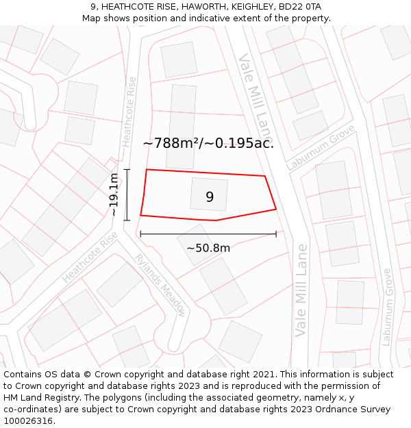 9, HEATHCOTE RISE, HAWORTH, KEIGHLEY, BD22 0TA: Plot and title map