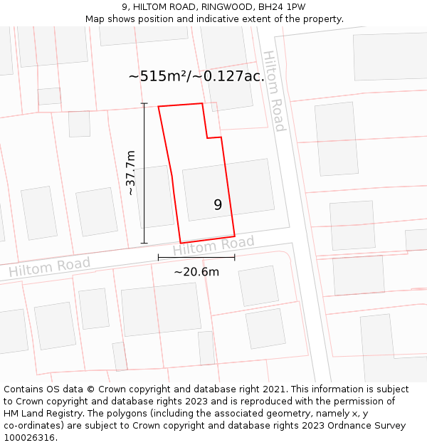 9, HILTOM ROAD, RINGWOOD, BH24 1PW: Plot and title map