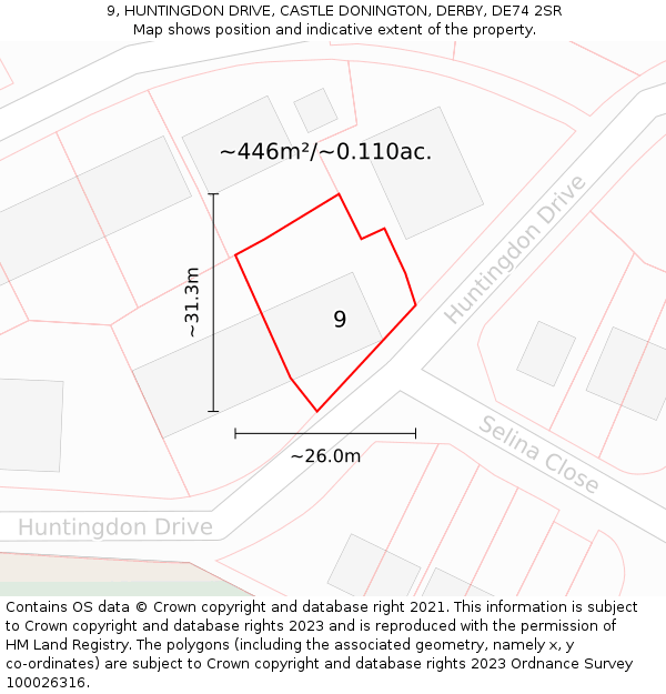 9, HUNTINGDON DRIVE, CASTLE DONINGTON, DERBY, DE74 2SR: Plot and title map