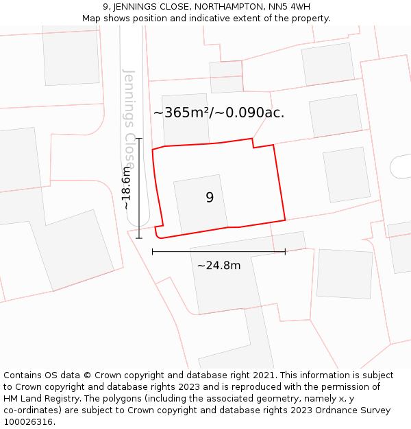 9, JENNINGS CLOSE, NORTHAMPTON, NN5 4WH: Plot and title map