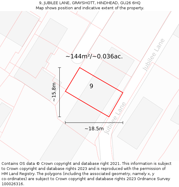 9, JUBILEE LANE, GRAYSHOTT, HINDHEAD, GU26 6HQ: Plot and title map