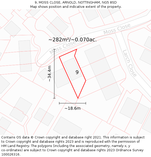 9, MOSS CLOSE, ARNOLD, NOTTINGHAM, NG5 8SD: Plot and title map