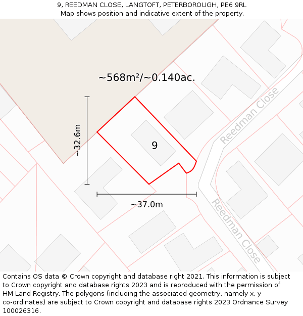 9, REEDMAN CLOSE, LANGTOFT, PETERBOROUGH, PE6 9RL: Plot and title map