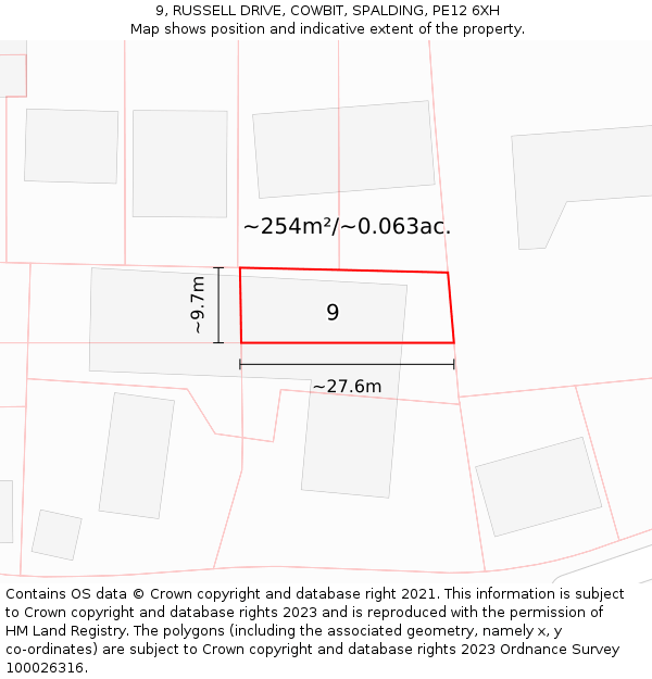 9, RUSSELL DRIVE, COWBIT, SPALDING, PE12 6XH: Plot and title map