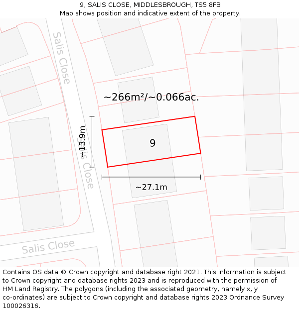 9, SALIS CLOSE, MIDDLESBROUGH, TS5 8FB: Plot and title map