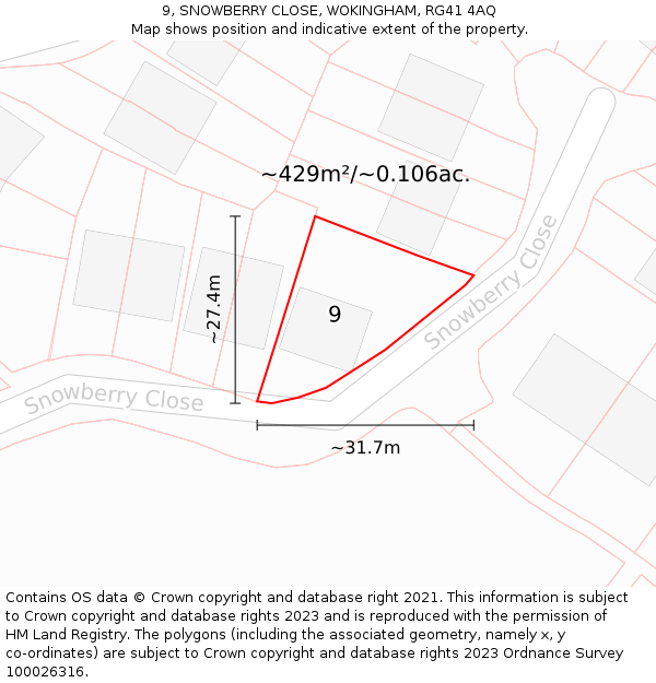 9, SNOWBERRY CLOSE, WOKINGHAM, RG41 4AQ: Plot and title map