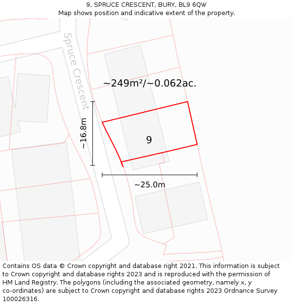 9, SPRUCE CRESCENT, BURY, BL9 6QW: Plot and title map