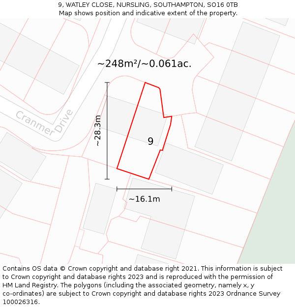 9, WATLEY CLOSE, NURSLING, SOUTHAMPTON, SO16 0TB: Plot and title map