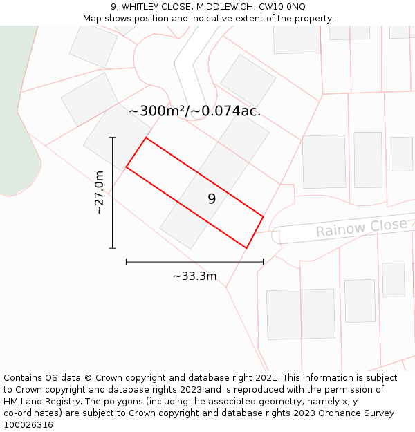 9, WHITLEY CLOSE, MIDDLEWICH, CW10 0NQ: Plot and title map