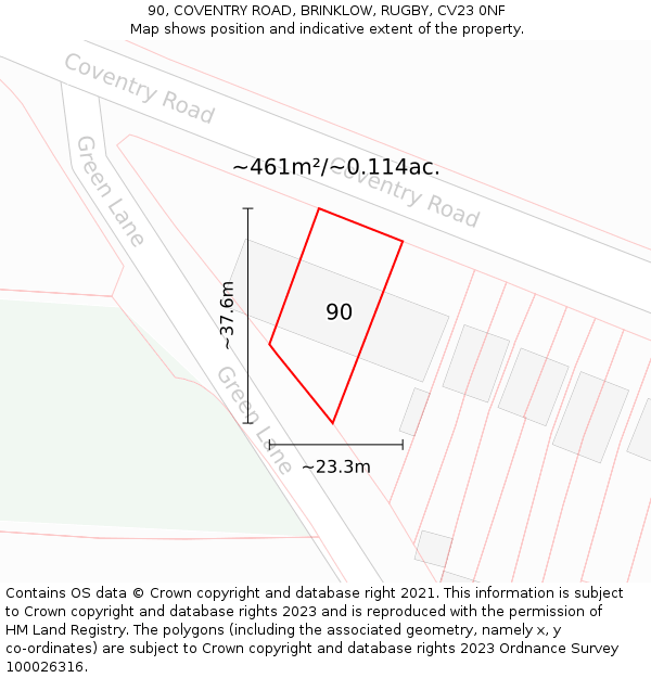 90, COVENTRY ROAD, BRINKLOW, RUGBY, CV23 0NF: Plot and title map