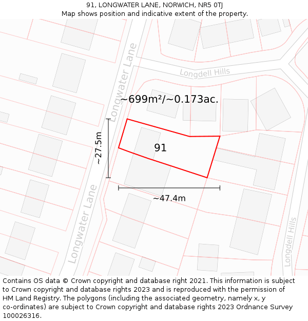 91, LONGWATER LANE, NORWICH, NR5 0TJ: Plot and title map