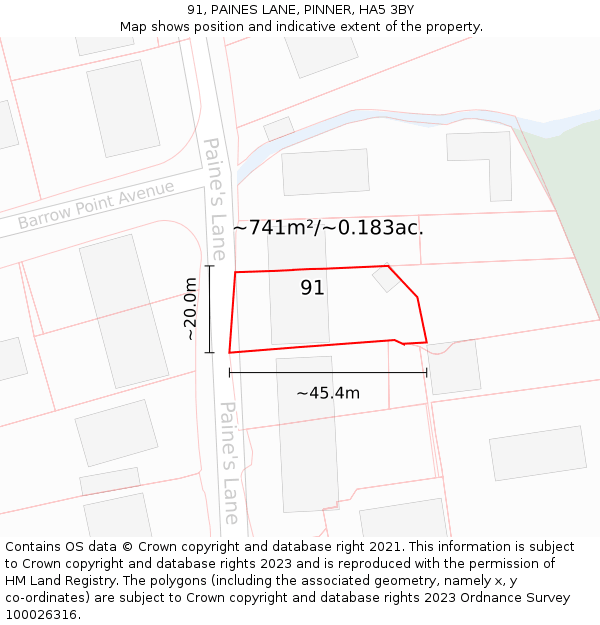 91, PAINES LANE, PINNER, HA5 3BY: Plot and title map