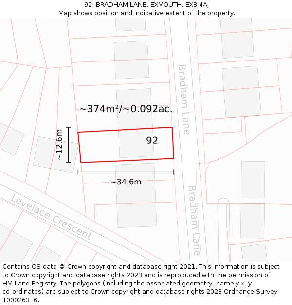 92, BRADHAM LANE, EXMOUTH, EX8 4AJ: Plot and title map