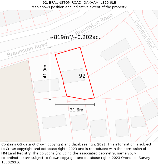 92, BRAUNSTON ROAD, OAKHAM, LE15 6LE: Plot and title map