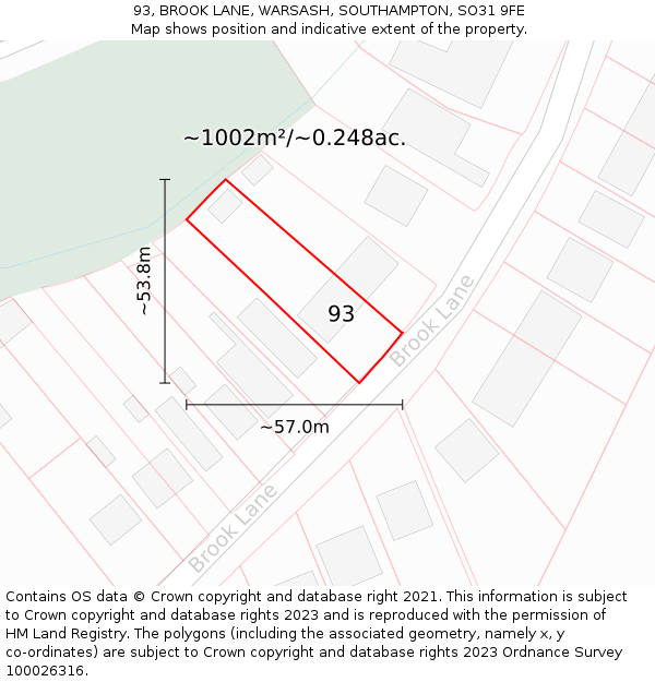 93, BROOK LANE, WARSASH, SOUTHAMPTON, SO31 9FE: Plot and title map