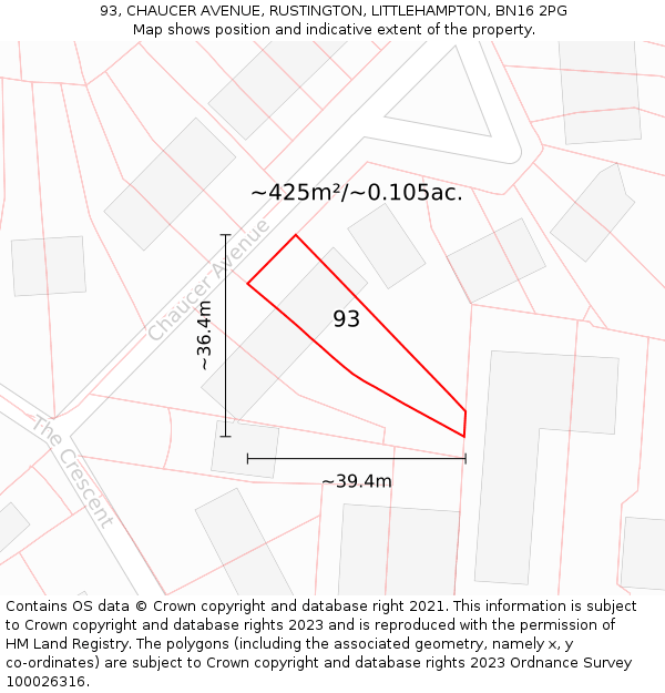 93, CHAUCER AVENUE, RUSTINGTON, LITTLEHAMPTON, BN16 2PG: Plot and title map