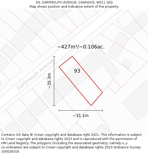 93, DARTMOUTH AVENUE, CANNOCK, WS11 1EQ: Plot and title map