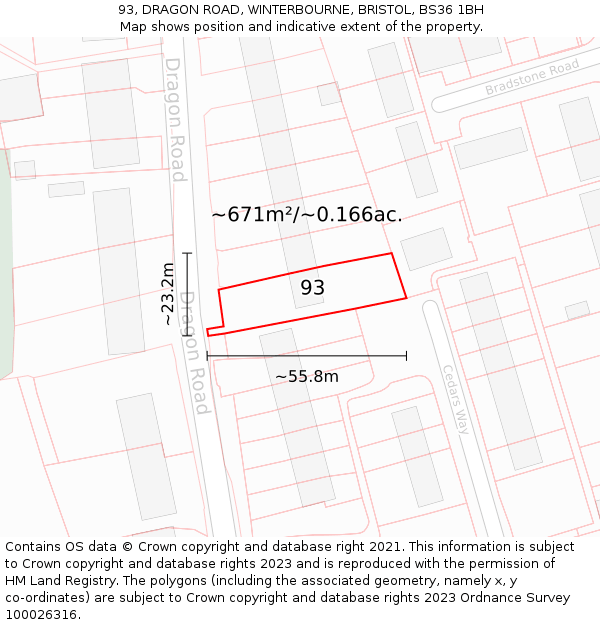 93, DRAGON ROAD, WINTERBOURNE, BRISTOL, BS36 1BH: Plot and title map