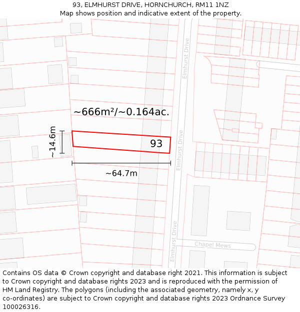 93, ELMHURST DRIVE, HORNCHURCH, RM11 1NZ: Plot and title map