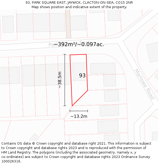 93, PARK SQUARE EAST, JAYWICK, CLACTON-ON-SEA, CO15 2NR: Plot and title map