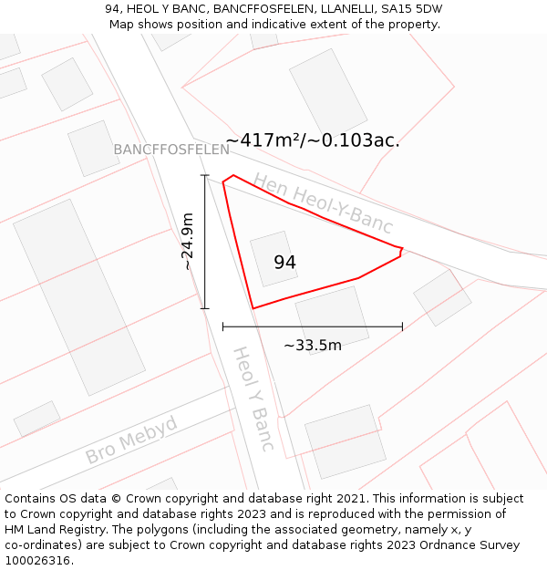 94, HEOL Y BANC, BANCFFOSFELEN, LLANELLI, SA15 5DW: Plot and title map