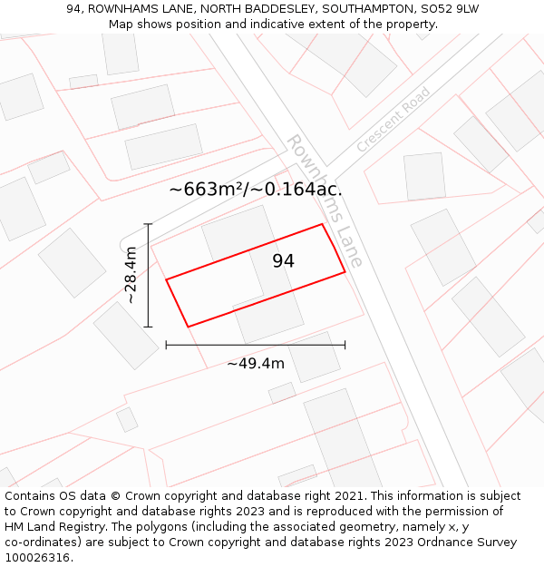 94, ROWNHAMS LANE, NORTH BADDESLEY, SOUTHAMPTON, SO52 9LW: Plot and title map