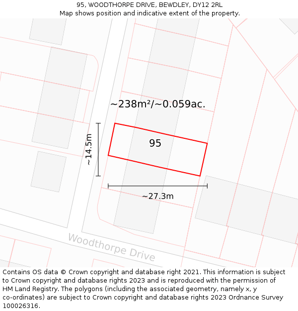 95, WOODTHORPE DRIVE, BEWDLEY, DY12 2RL: Plot and title map